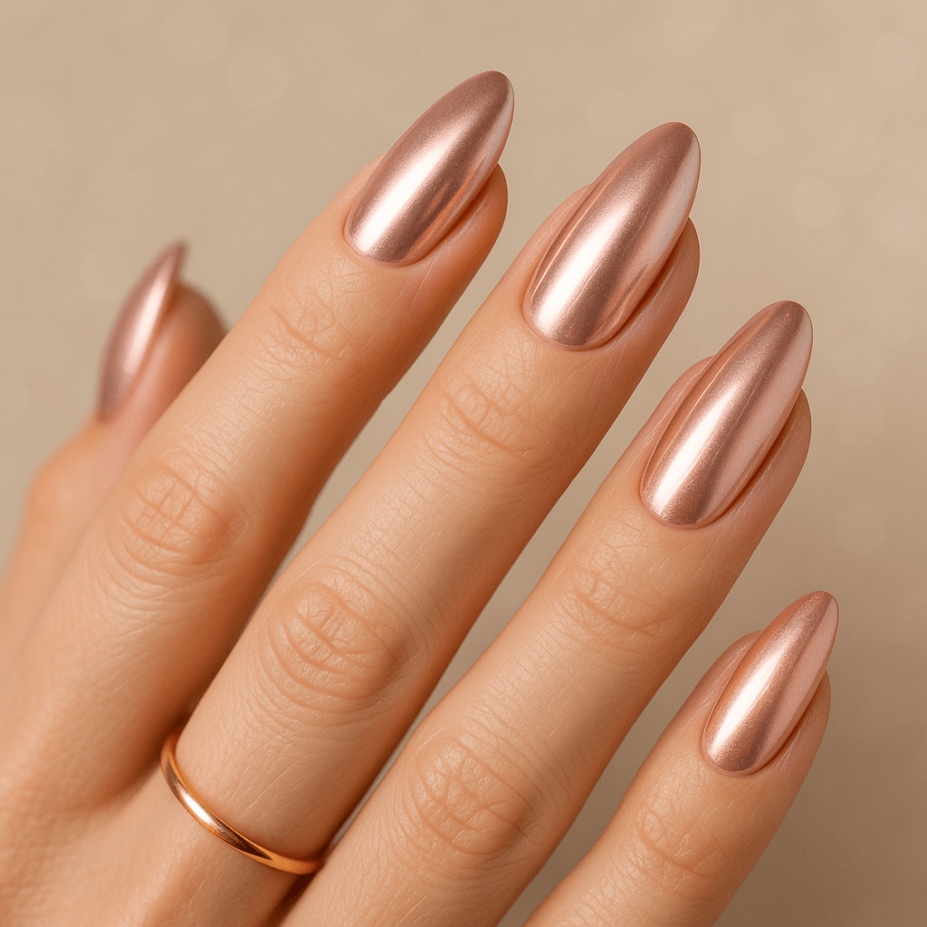 Baby chrome manikúra na mandlových nehtech, rose-gold pigment B03, hladký skleněný lesk, no-wipe top, béžové bokeh pozadí, zlatý prsten.