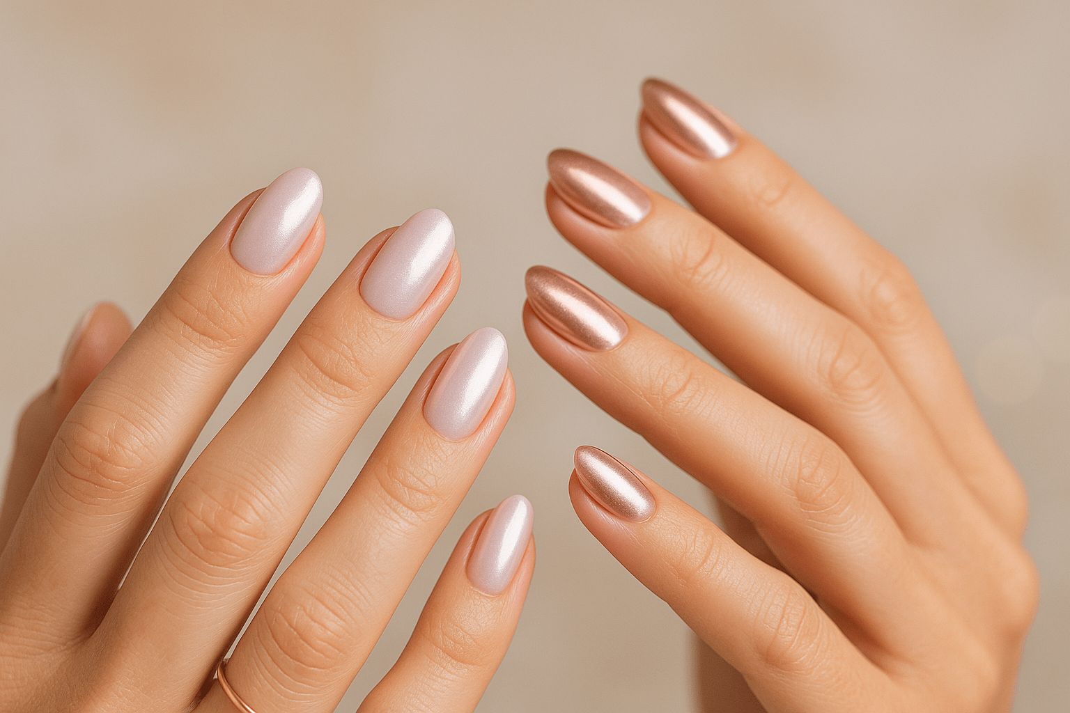 Baby chrome na krátkých oválných nehtech – jemná růžová perleť, hladký no-wipe top a čistý, skleněný lesk.