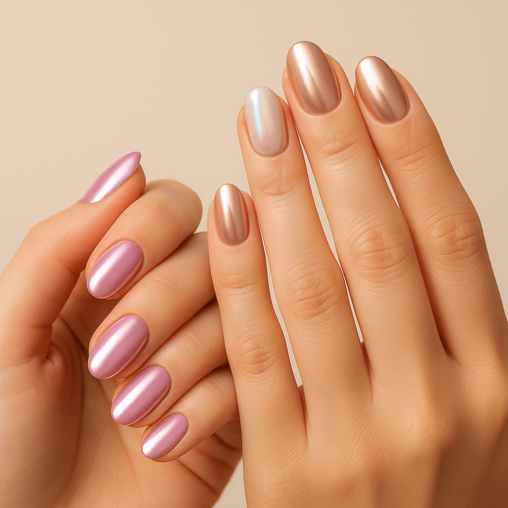 Obě ruce s manikúrou Baby chrome růžový na levé a angel chrome rose-gold na pravé, s jemným aurora akcentem na jednom nehtu, béžové pozadí, měkké difuzní světlo.