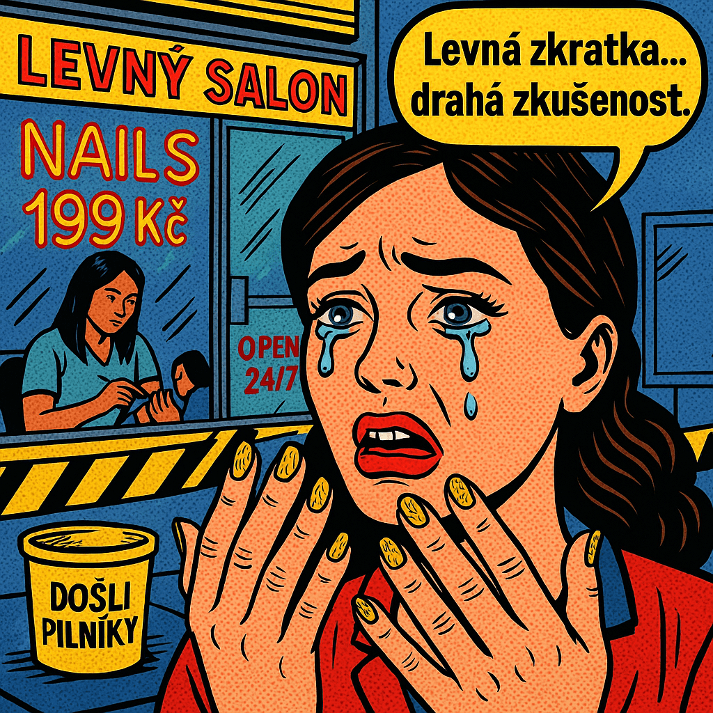 Onemocnění nehtů: klientka se slzami a zničenými nehty v levném salonu, chybí autokláv a jednorázové pilníky.“