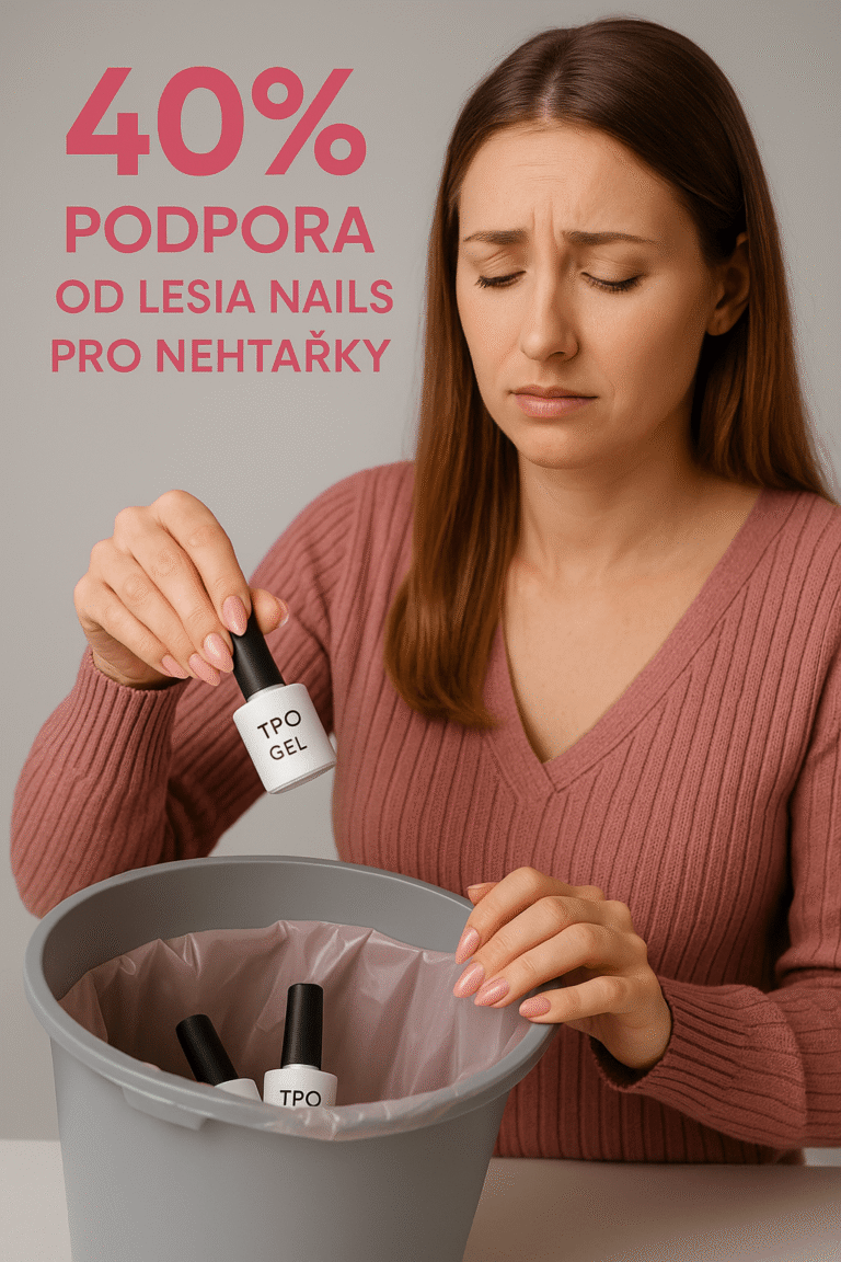 Smutná nehtařka vyhazuje lahvičky TPO gelů do koše – 40% podpora od Lesia Nails pro nehtářky, prémiová nehtová kosmetika bez TPO.