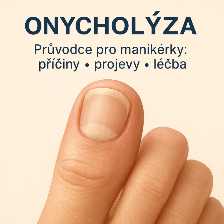 Onycholýza – realistická ilustrace oddělení nehtu od lůžka (bělavý okraj), edukační vizuál pro manikérky