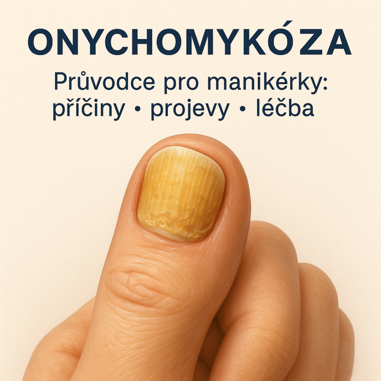 Onychomykóza – realistická ilustrace žlutě zbarveného, ztluštělého a drobivého nehtu; edukační vizuál pro manikérky
