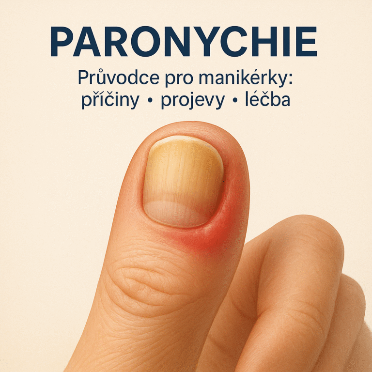 ALT: Paronychie – realistická ilustrace zarudlého nehtového valu u palce, edukační vizuál pro manikérky