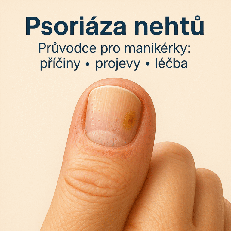 ALT: Psoriáza nehtů – realistická ilustrace s jamkami a „olejovou skvrnou“, edukační vizuál pro manikérky