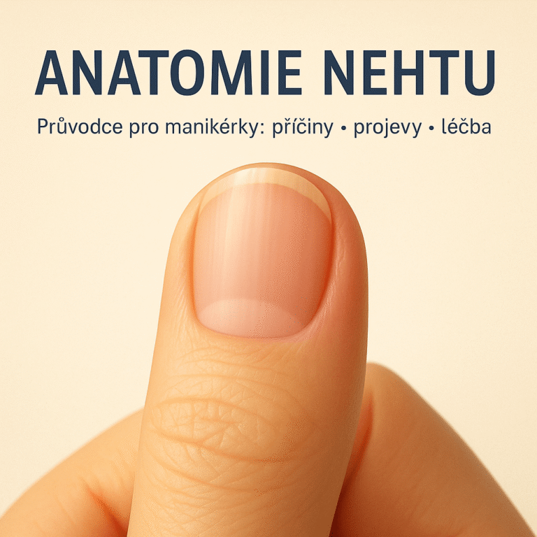 Zdravý nehet – realistická ilustrace pro manikérky. Hladký, lesklý, růžový nehet s přirozenou lunulou a tenkou kutikulou, ukázka správné anatomie.