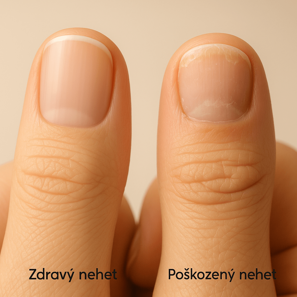 Srovnání zdravého a poškozeného nehtu – edukativní ilustrace pro manikérky. Zdravý nehet je hladký a růžový, poškozený je matný, s bělavými skvrnami a zarudlou kůží.