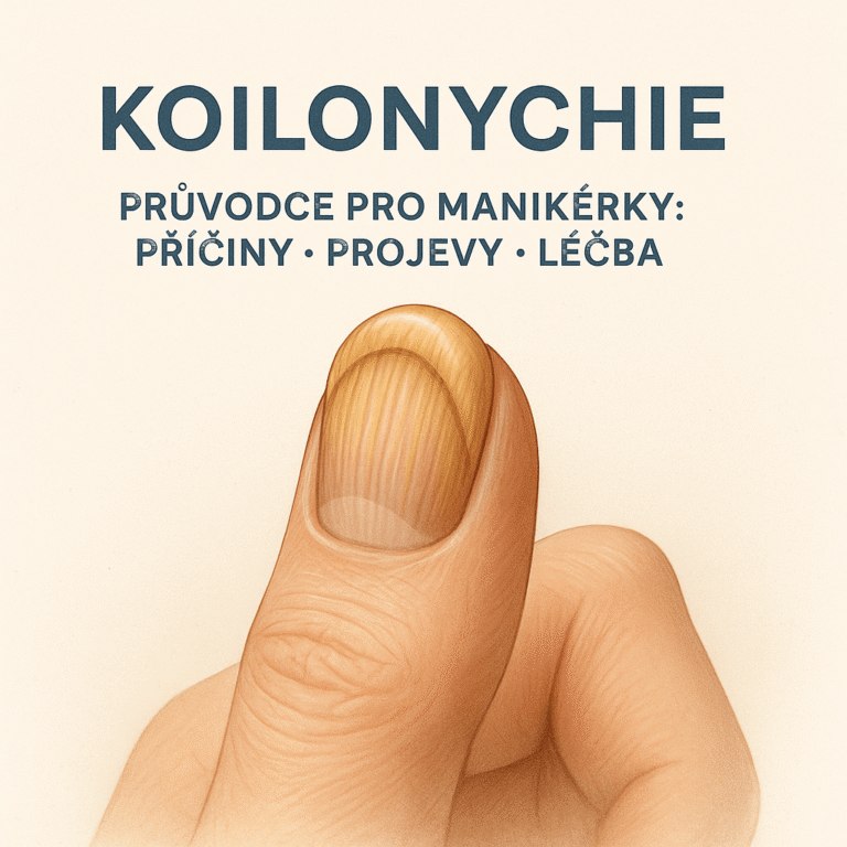 Koilonychie – lžičkovitý palcový nehet se žluto-hnědým zbarvením a podélným rýhováním, edukační ilustrace pro manikérky