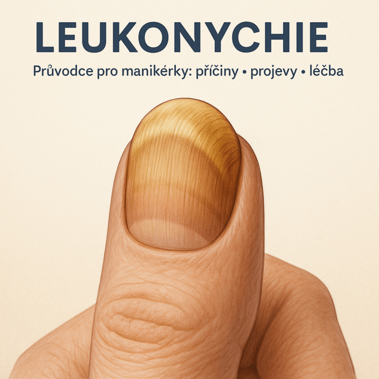 Leukonychie – bílé skvrny a změny na nehtech, realistická ilustrace palcového nehtu s rýhami a zakřivením, edukační obrázek pro manikérky