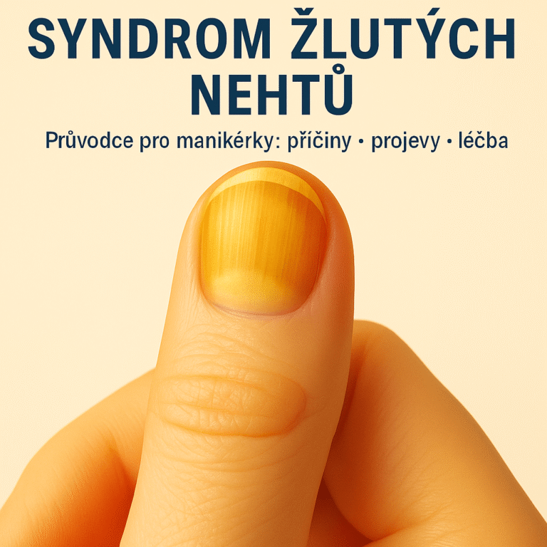 Syndrom žlutých nehtů – žlutě zbarvený nehet na palci, edukativní obrázek pro manikérky