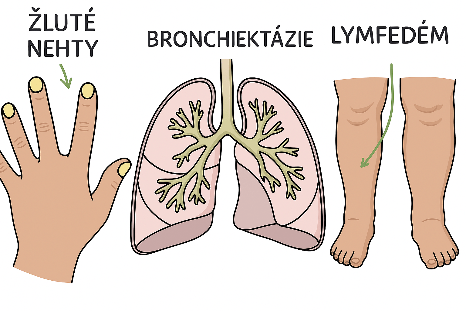 Syndrom žlutých nehtů – ilustrace žlutých nehtů, bronchiektázie plic a lymfedému dolních končetin