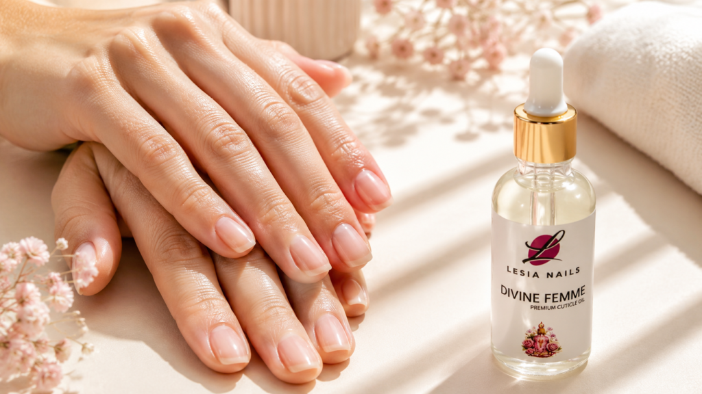 Ruce po aplikaci olejíčku Divine Femme Lesia Nails na kůžičku kolem nehtů