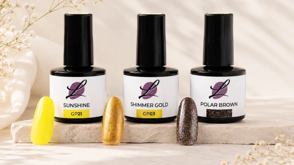 Efektové gellaky Lesia Nails Sunshine, Shimmer Gold a Polar Brown