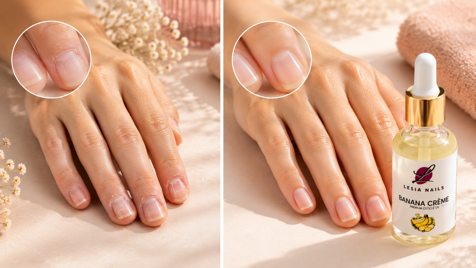 Srovnání před a po aplikaci nehtového olejíčku Divine Femme Lesia Nails na kůžičku kolem nehtů