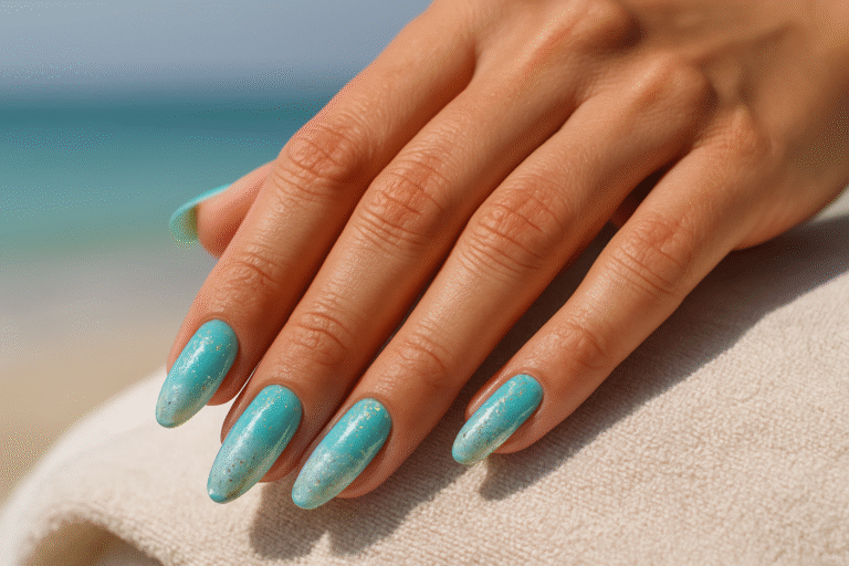 Celá ruka s tyrkysovo-stříbrnými ombré nehty Lesia Nails na pláži