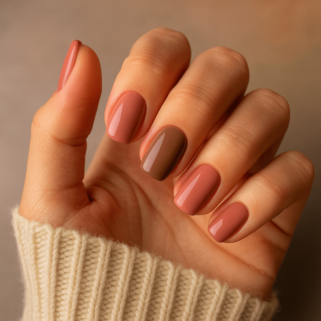 Rose mocha nehty - detail ženské ruky v pozadí podzmní listy a ruka je částečně v béžovém svetru.