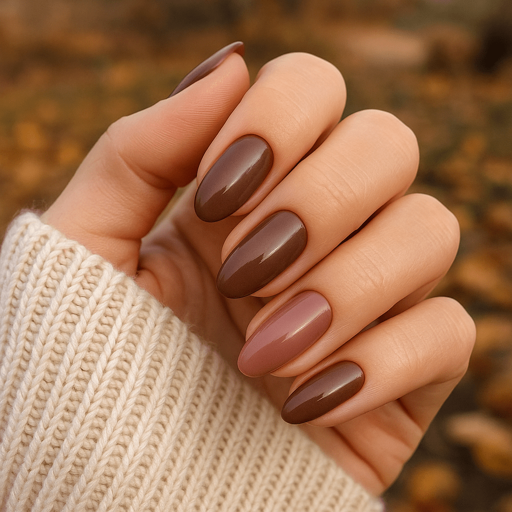 Rose mocha nehty - detail ženské ruky v pozadí podzmní listy a ruka je částečně v béžovém svetru.