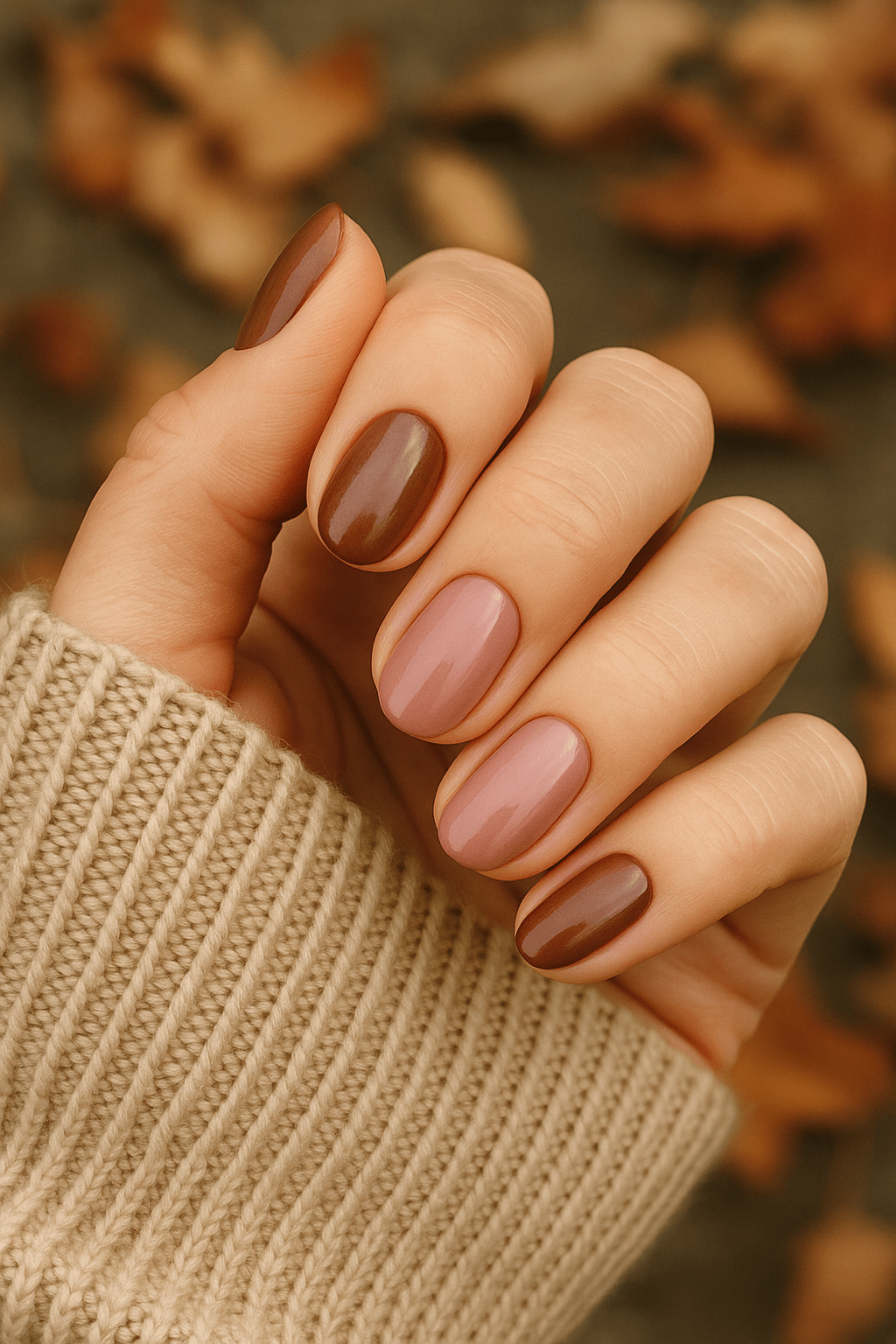 Rose mocha nehty - detail ženské ruky v pozadí podzmní listy a ruka je částečně v béžovém svetru.