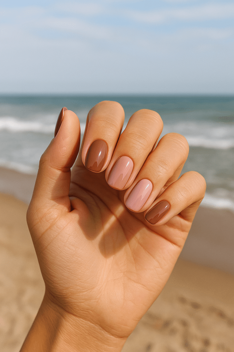 Rose mocha nehty na podzimní pláži – detail realistické manikúry, kombinace růžových a hnědých odstínů