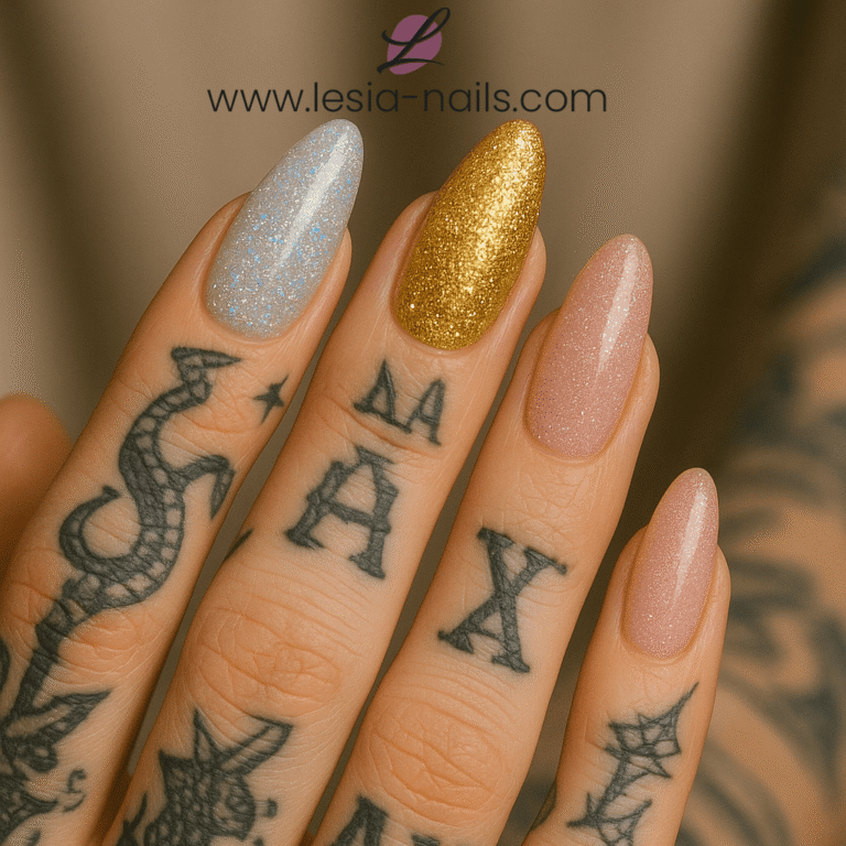 Třpytivé acrygelové nehty s holografickým efektem a zlatými odlesky – Lesia Nails